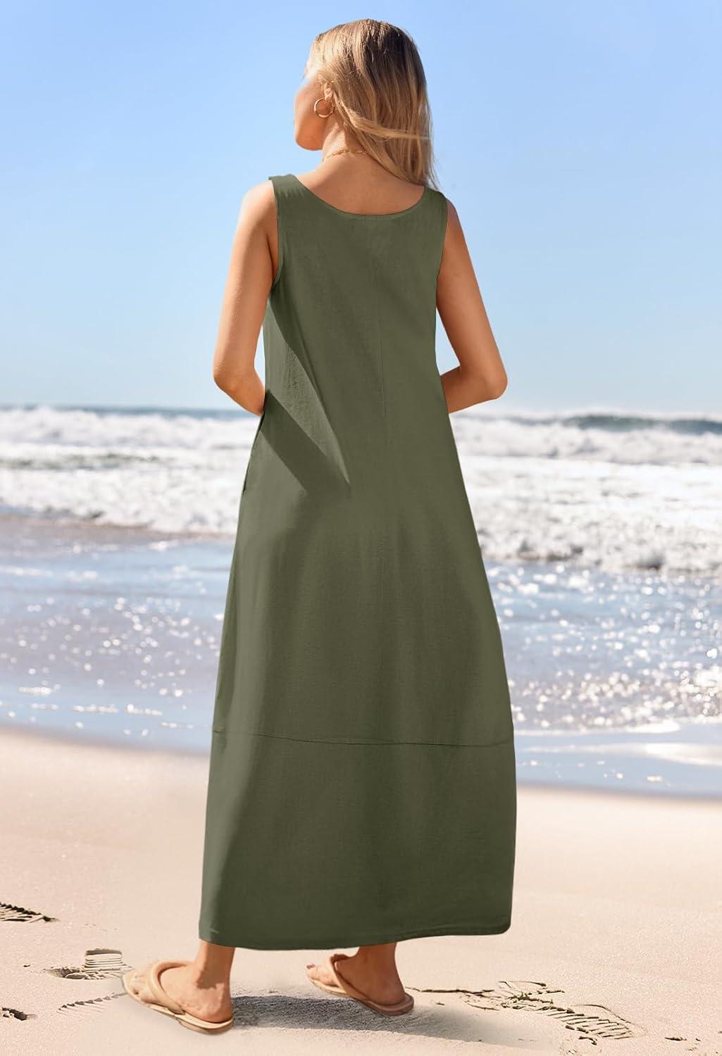 imageMEROKEETY Womens Boho Maxi Sundress 2026 Summer Beach Dress Scoop Neck Sleeveless Loose Tank DressArmygreen