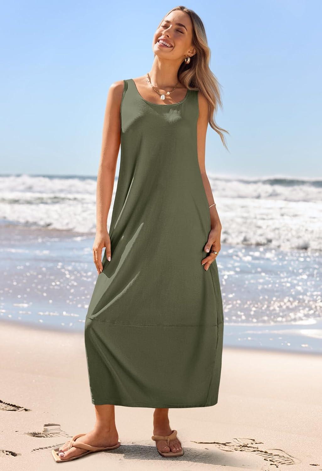 imageMEROKEETY Womens Boho Maxi Sundress 2026 Summer Beach Dress Scoop Neck Sleeveless Loose Tank DressArmygreen