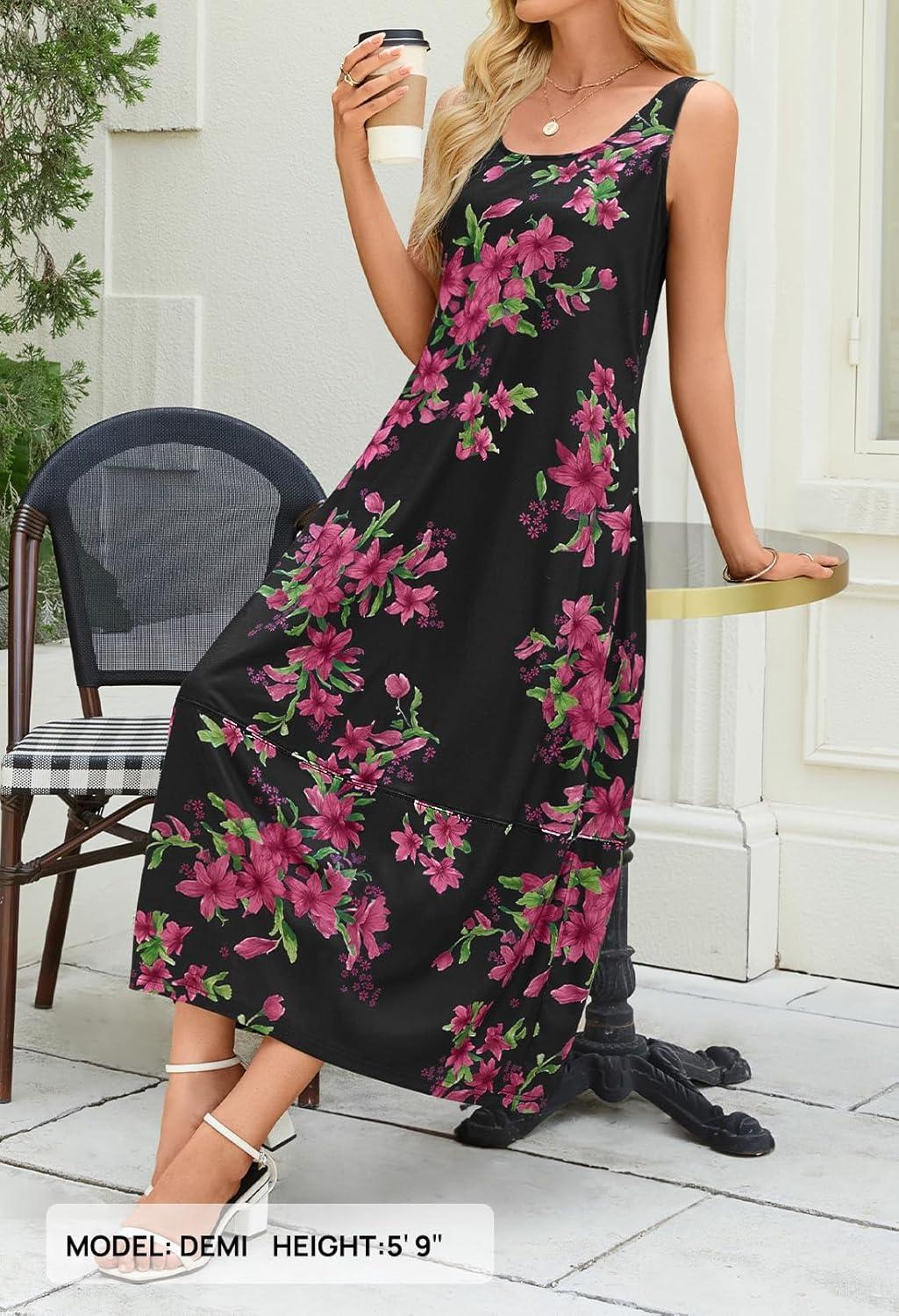 imageMEROKEETY Womens Boho Maxi Sundress 2026 Summer Beach Dress Scoop Neck Sleeveless Loose Tank DressBlackrose