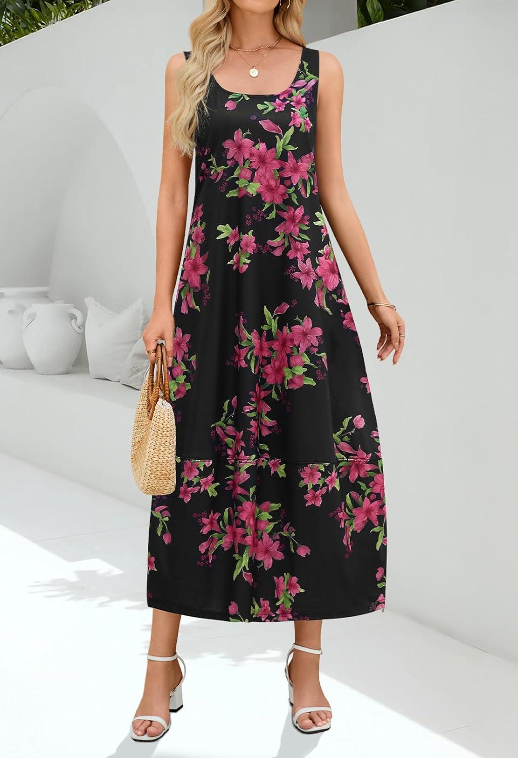 imageMEROKEETY Womens Boho Maxi Sundress 2026 Summer Beach Dress Scoop Neck Sleeveless Loose Tank DressBlackrose