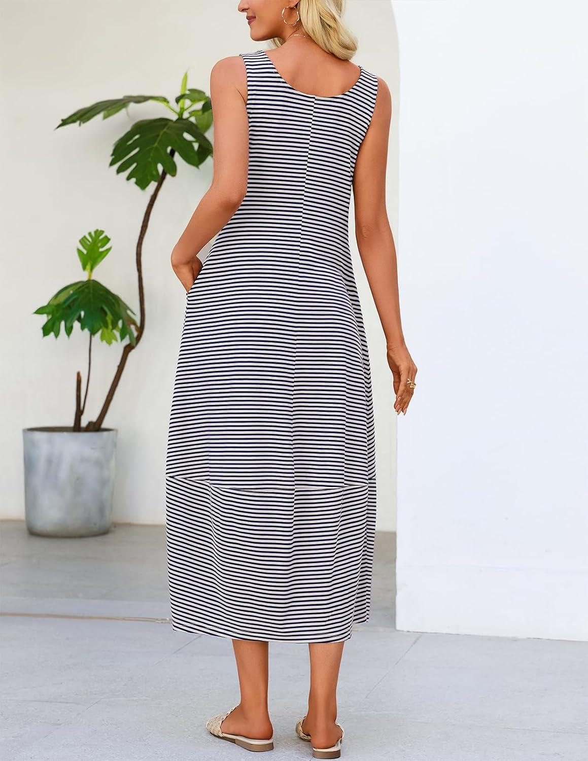 imageMEROKEETY Womens Boho Maxi Sundress 2026 Summer Beach Dress Scoop Neck Sleeveless Loose Tank DressBluestripe