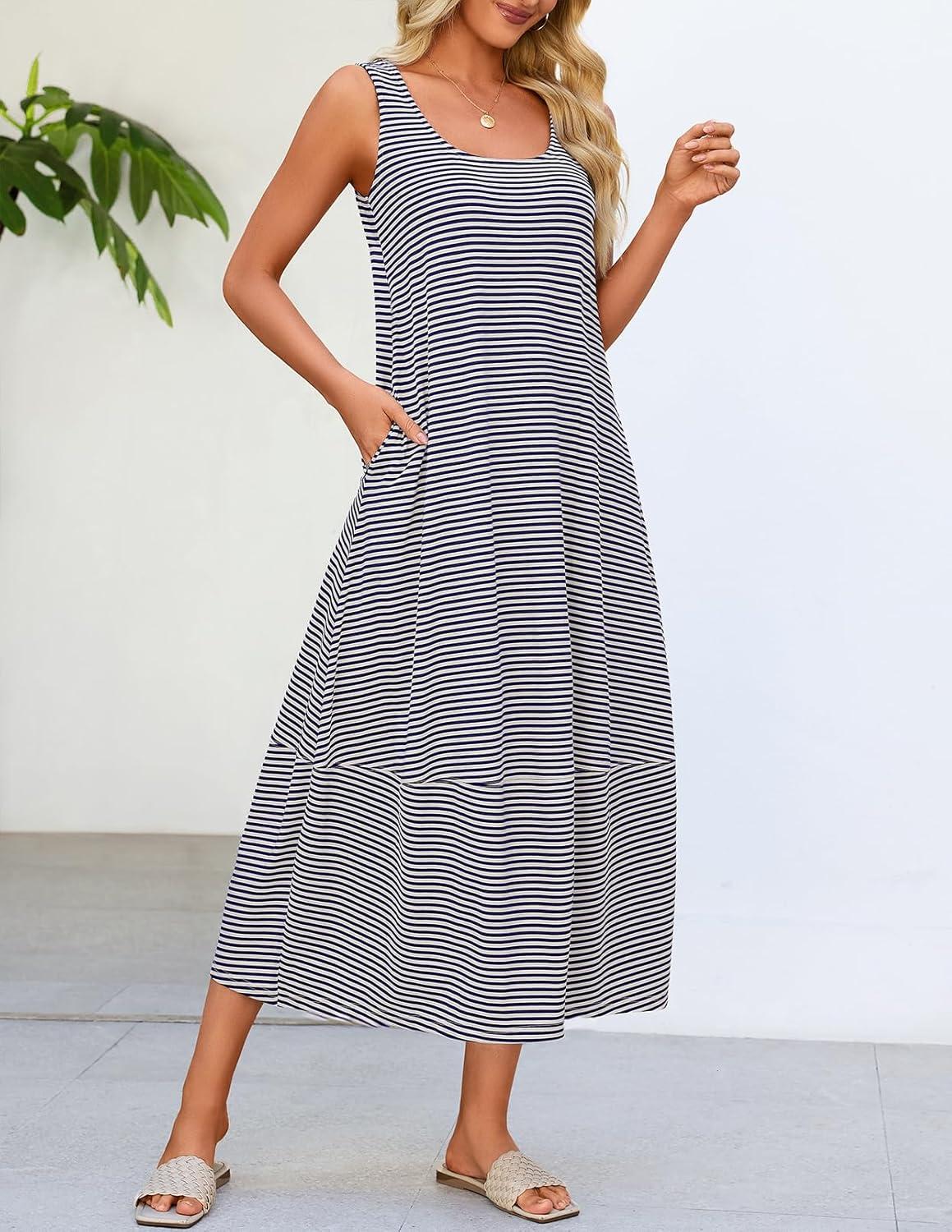 imageMEROKEETY Womens Boho Maxi Sundress 2026 Summer Beach Dress Scoop Neck Sleeveless Loose Tank DressBluestripe