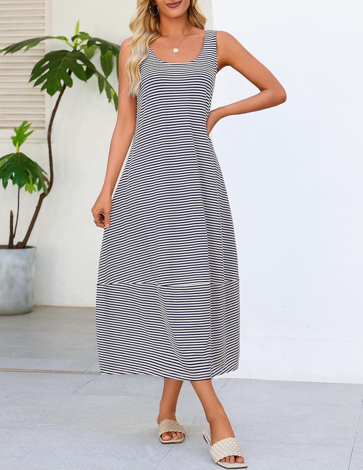 imageMEROKEETY Womens Boho Maxi Sundress 2026 Summer Beach Dress Scoop Neck Sleeveless Loose Tank DressBluestripe