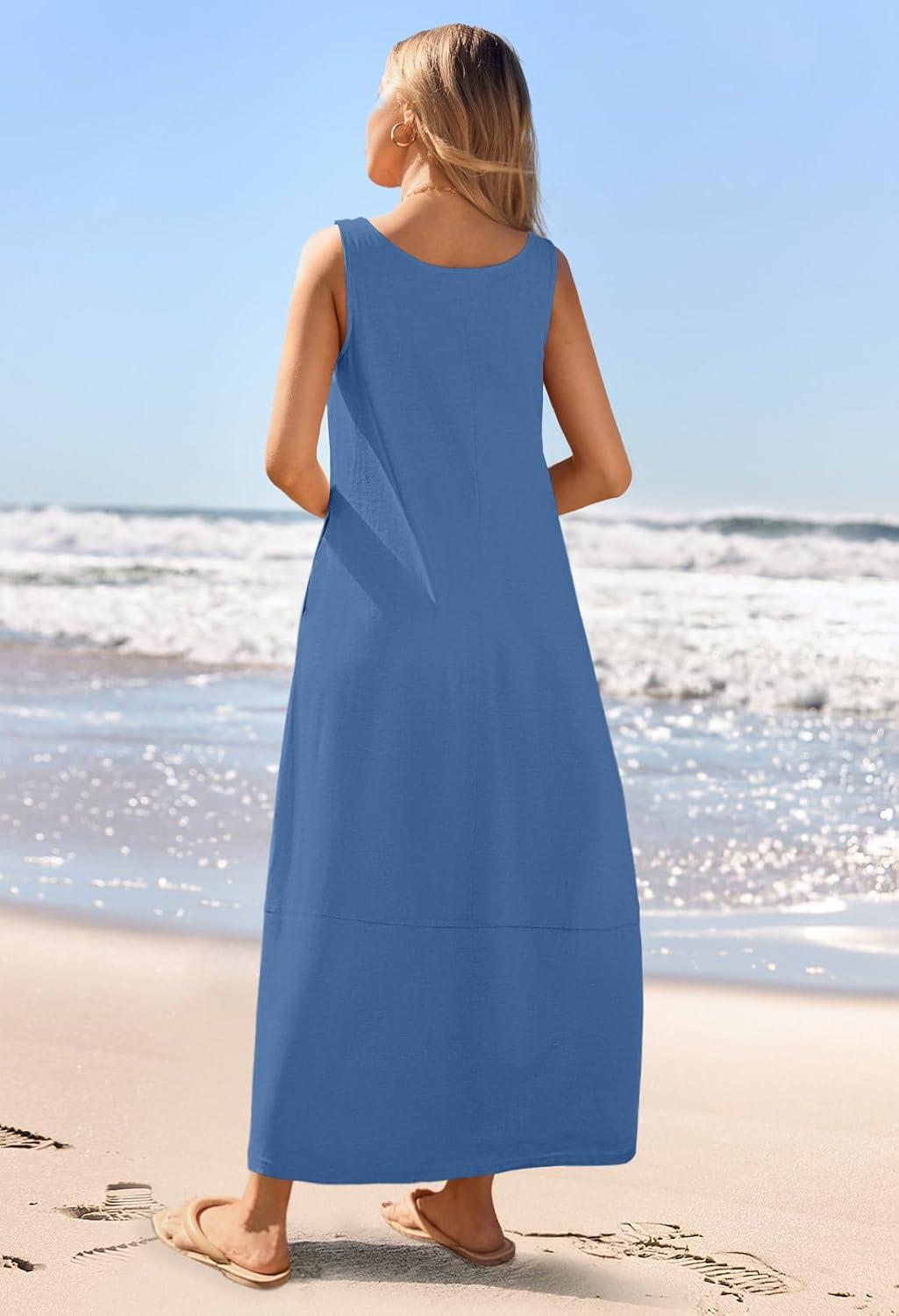 imageMEROKEETY Womens Boho Maxi Sundress 2026 Summer Beach Dress Scoop Neck Sleeveless Loose Tank DressDarkblue
