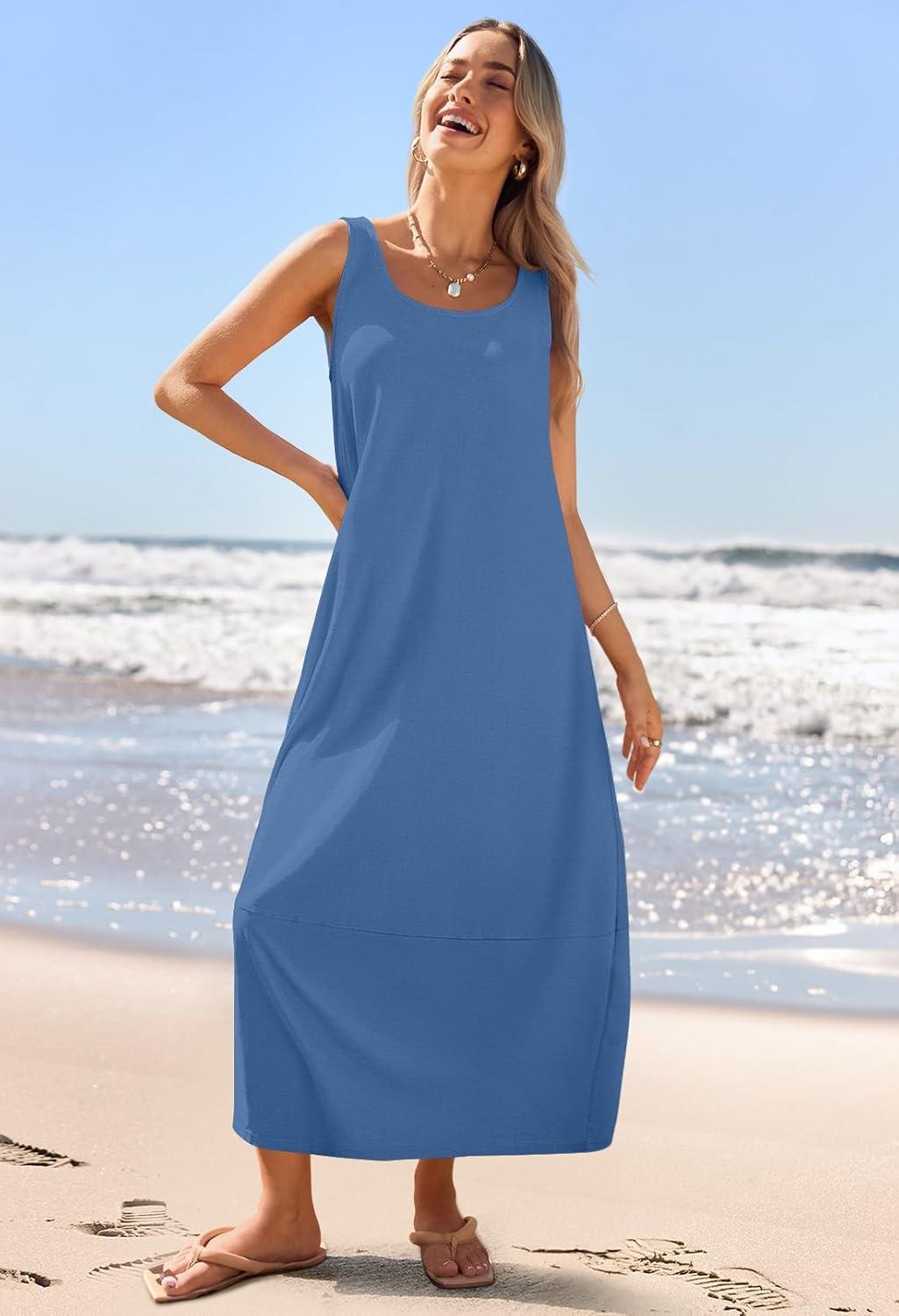 imageMEROKEETY Womens Boho Maxi Sundress 2026 Summer Beach Dress Scoop Neck Sleeveless Loose Tank DressDarkblue
