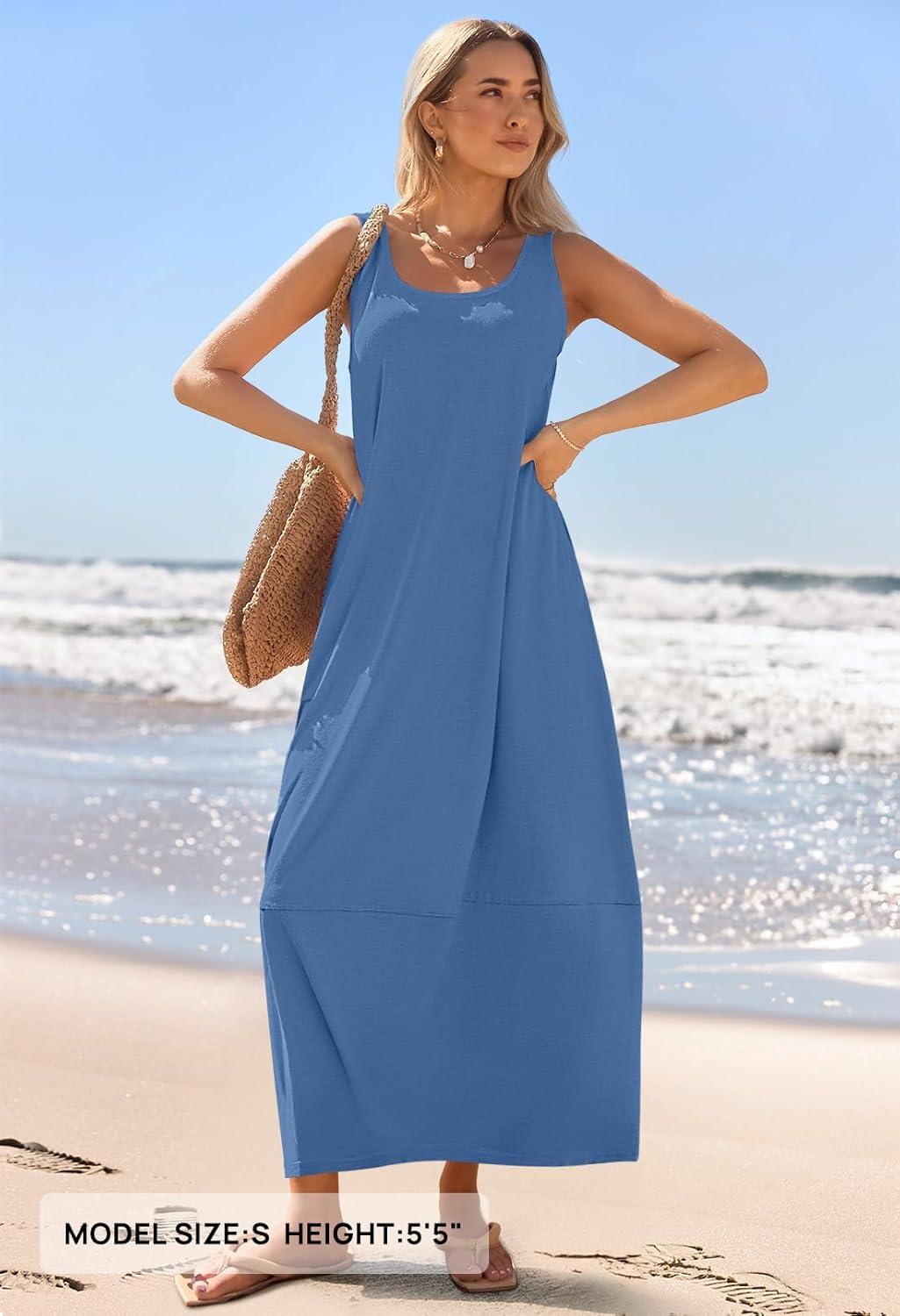 imageMEROKEETY Womens Boho Maxi Sundress 2026 Summer Beach Dress Scoop Neck Sleeveless Loose Tank DressDarkblue