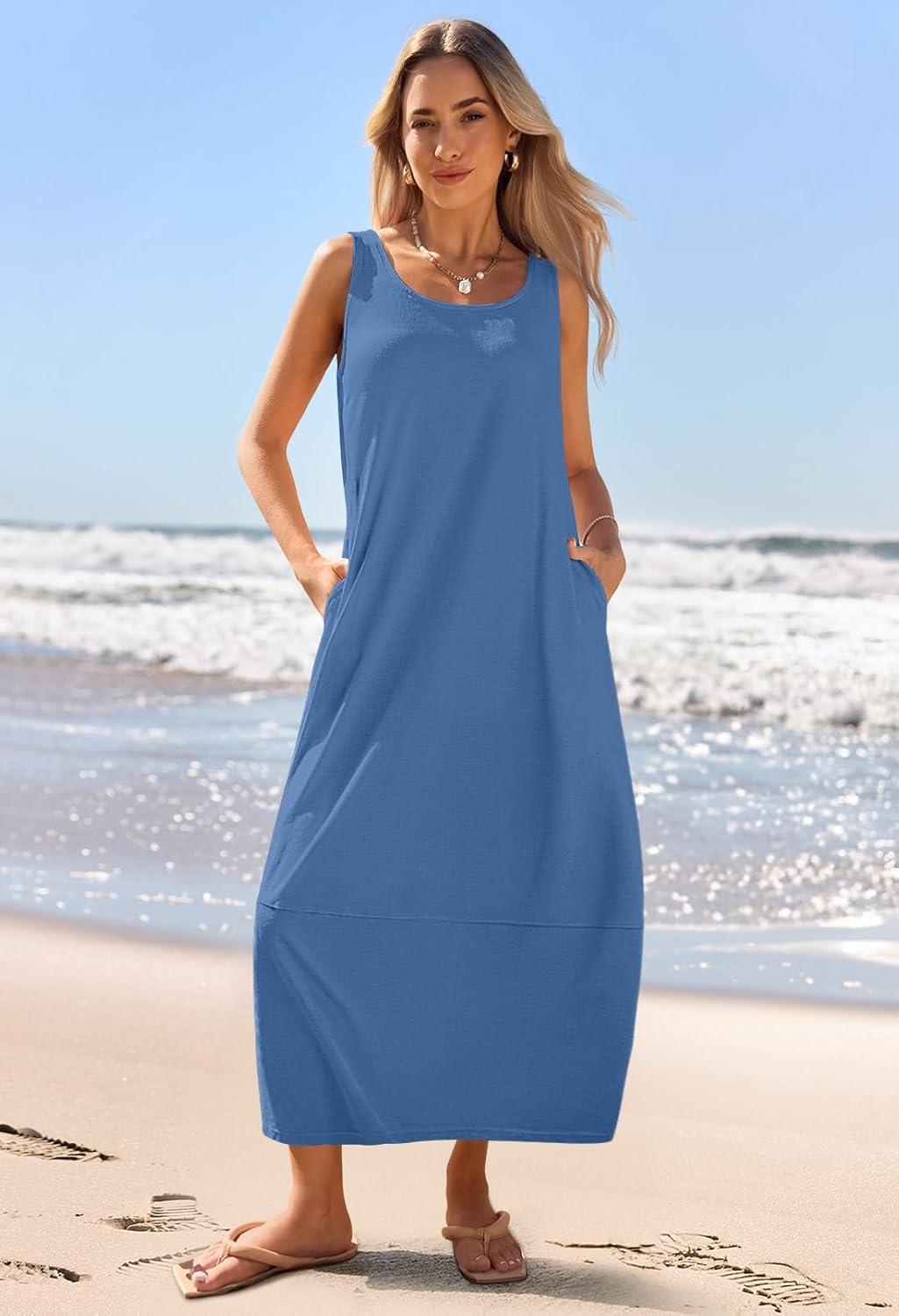 imageMEROKEETY Womens Boho Maxi Sundress 2026 Summer Beach Dress Scoop Neck Sleeveless Loose Tank DressDarkblue