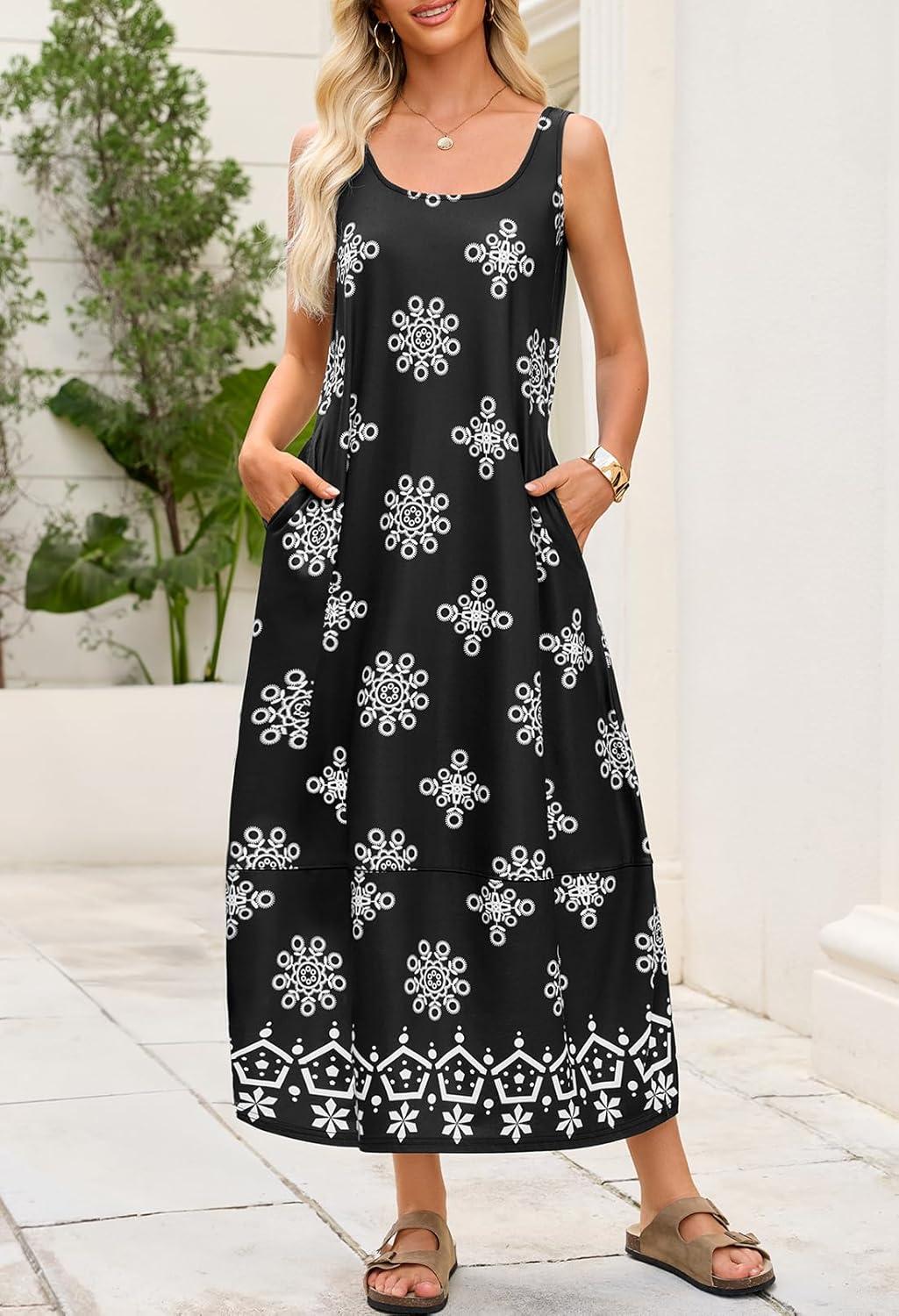 imageMEROKEETY Womens Boho Maxi Sundress 2026 Summer Beach Dress Scoop Neck Sleeveless Loose Tank DressFloralblack