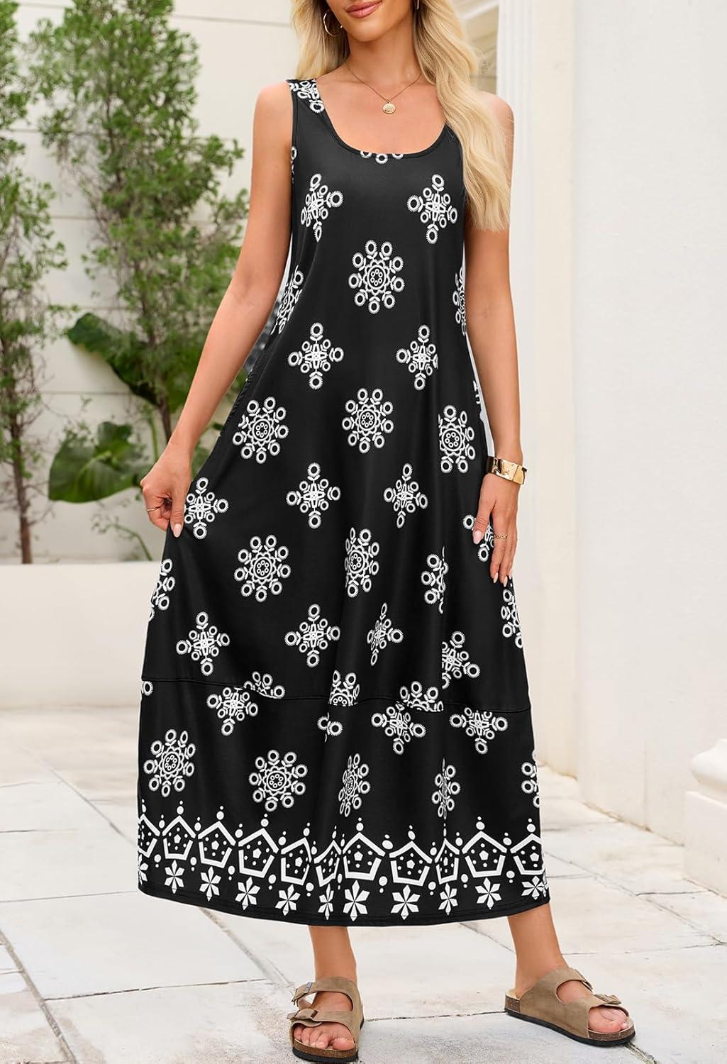 imageMEROKEETY Womens Boho Maxi Sundress 2026 Summer Beach Dress Scoop Neck Sleeveless Loose Tank DressFloralblack