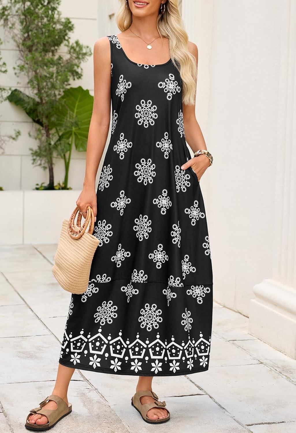 imageMEROKEETY Womens Boho Maxi Sundress 2026 Summer Beach Dress Scoop Neck Sleeveless Loose Tank DressFloralblack
