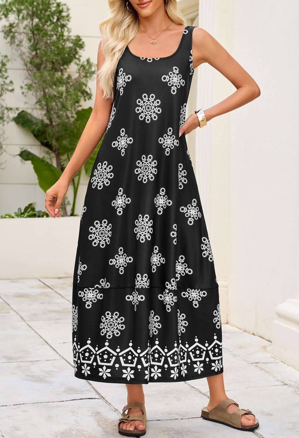 imageMEROKEETY Womens Boho Maxi Sundress 2026 Summer Beach Dress Scoop Neck Sleeveless Loose Tank DressFloralblack