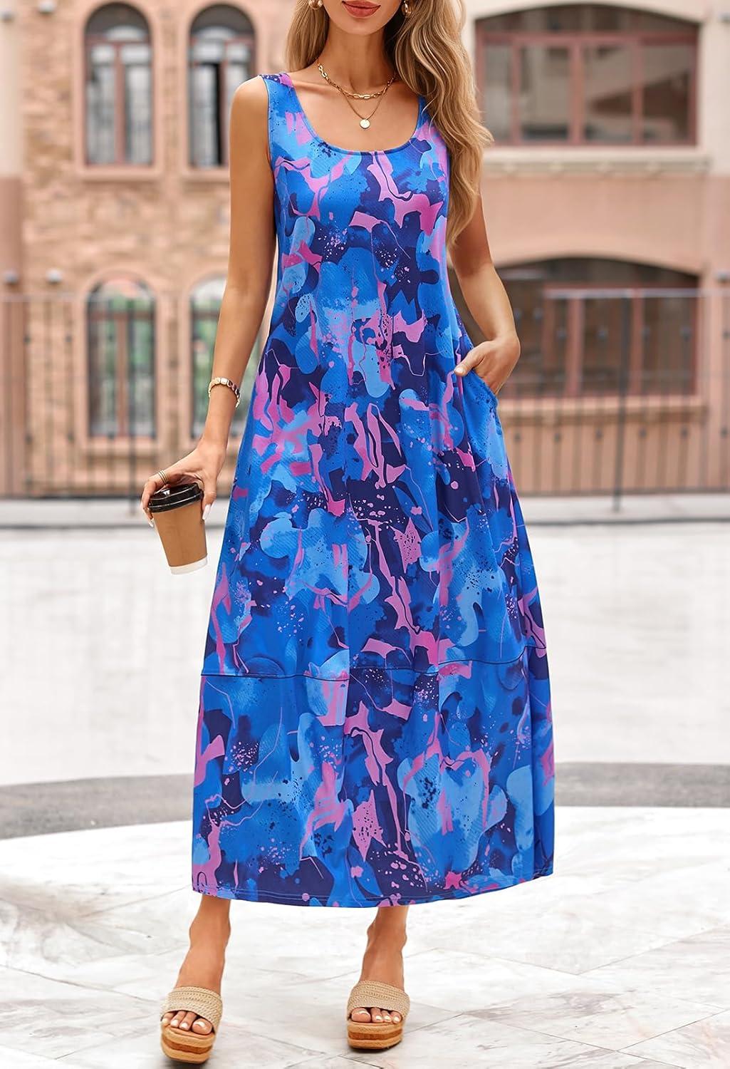 imageMEROKEETY Womens Boho Maxi Sundress 2026 Summer Beach Dress Scoop Neck Sleeveless Loose Tank DressFloralblue