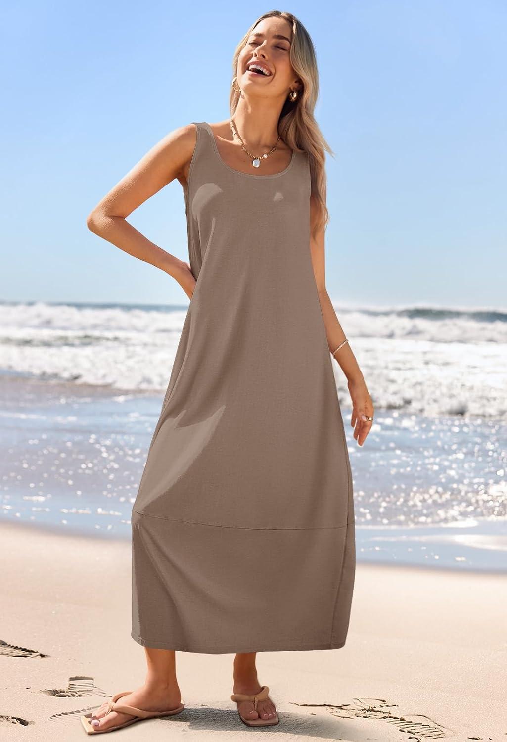 imageMEROKEETY Womens Boho Maxi Sundress 2026 Summer Beach Dress Scoop Neck Sleeveless Loose Tank DressMocha