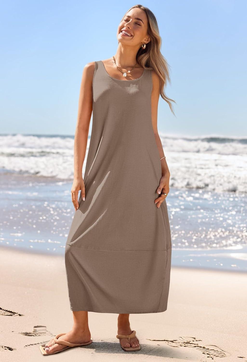 imageMEROKEETY Womens Boho Maxi Sundress 2026 Summer Beach Dress Scoop Neck Sleeveless Loose Tank DressMocha