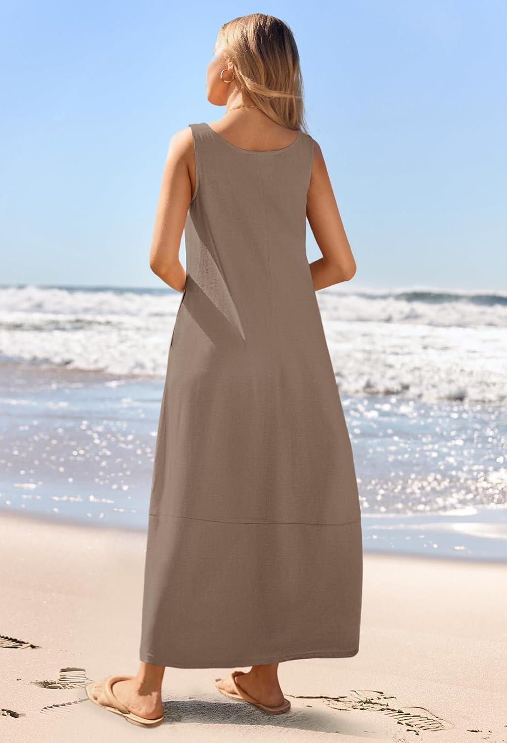 imageMEROKEETY Womens Boho Maxi Sundress 2026 Summer Beach Dress Scoop Neck Sleeveless Loose Tank DressMocha