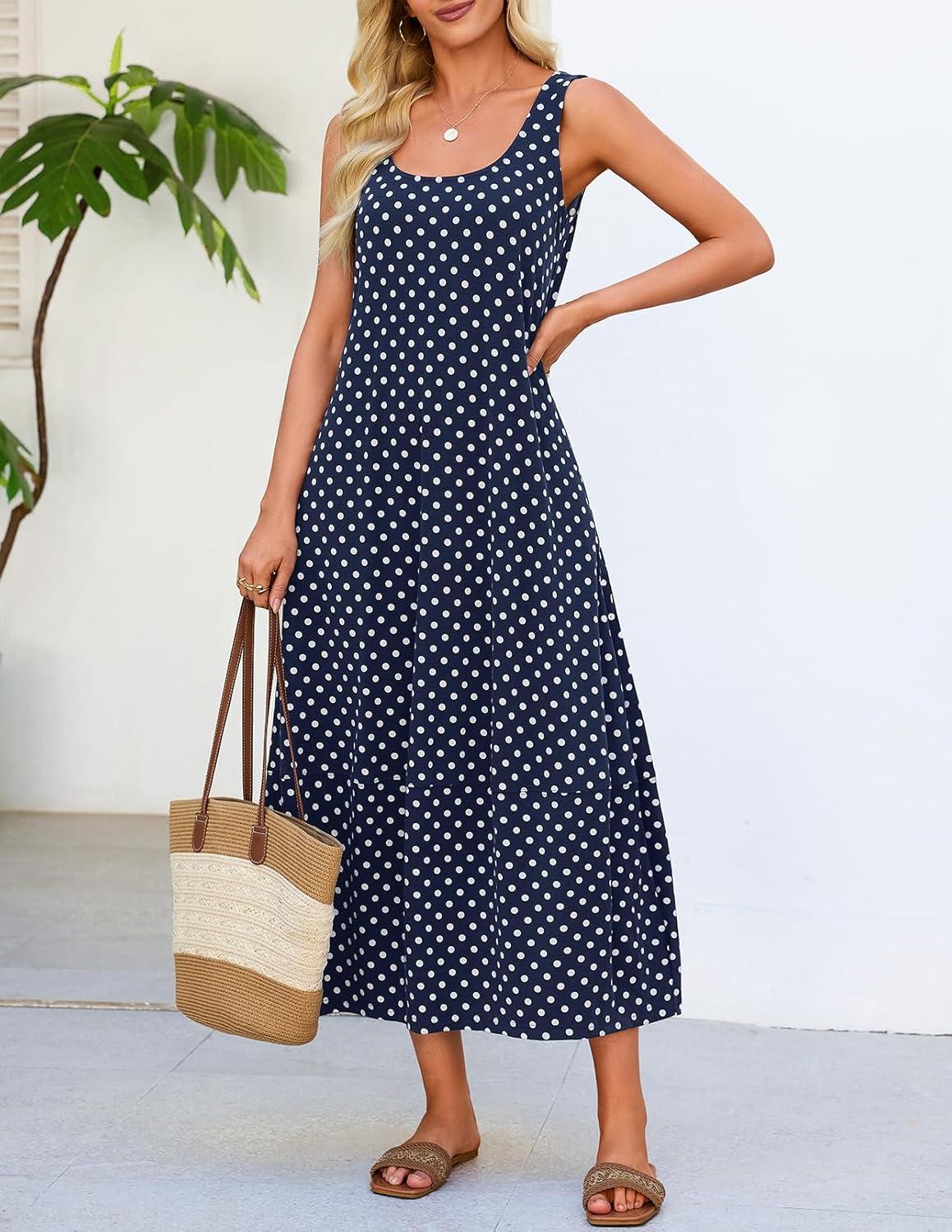 imageMEROKEETY Womens Boho Maxi Sundress 2026 Summer Beach Dress Scoop Neck Sleeveless Loose Tank DressNavydot