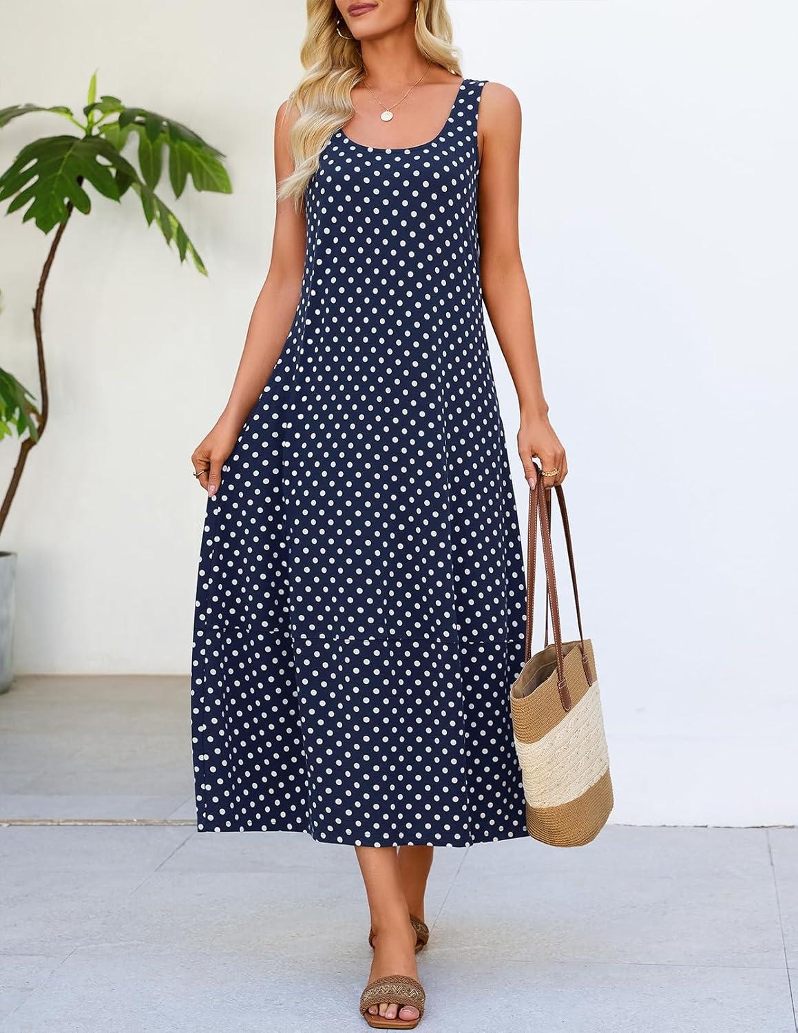 imageMEROKEETY Womens Boho Maxi Sundress 2026 Summer Beach Dress Scoop Neck Sleeveless Loose Tank DressNavydot