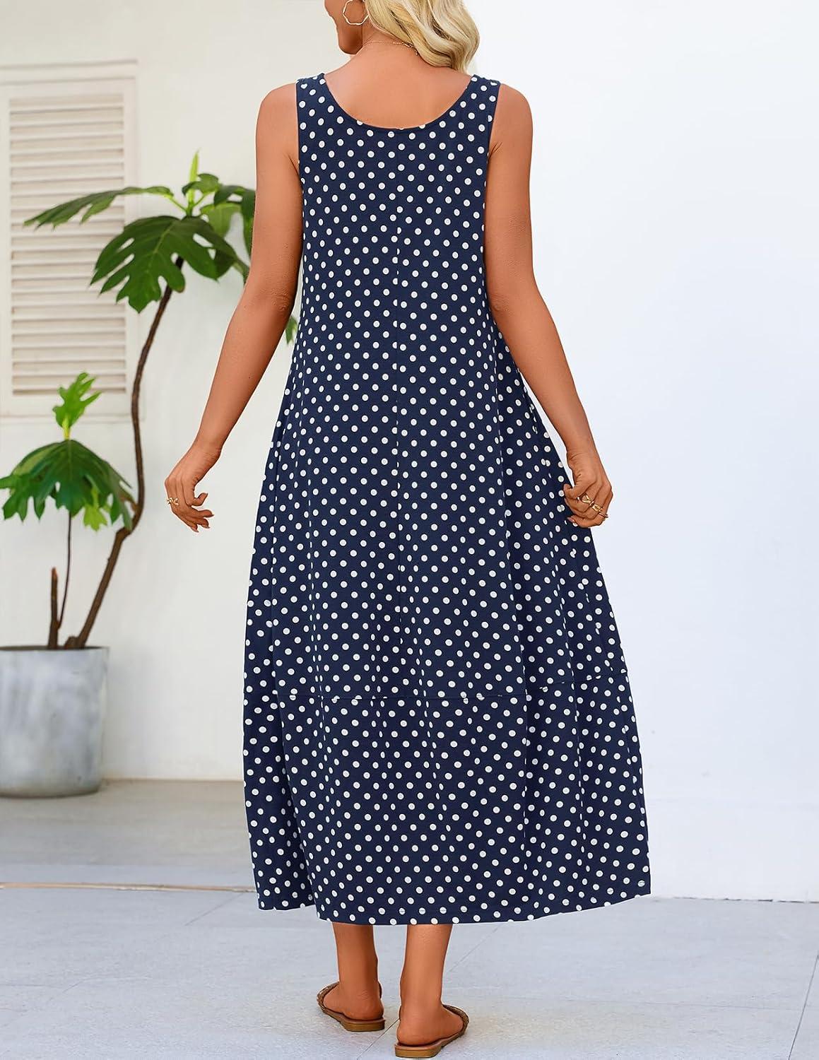 imageMEROKEETY Womens Boho Maxi Sundress 2026 Summer Beach Dress Scoop Neck Sleeveless Loose Tank DressNavydot