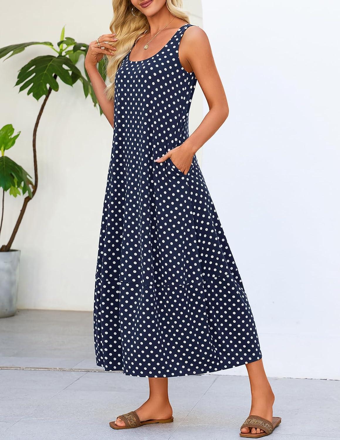 imageMEROKEETY Womens Boho Maxi Sundress 2026 Summer Beach Dress Scoop Neck Sleeveless Loose Tank DressNavydot