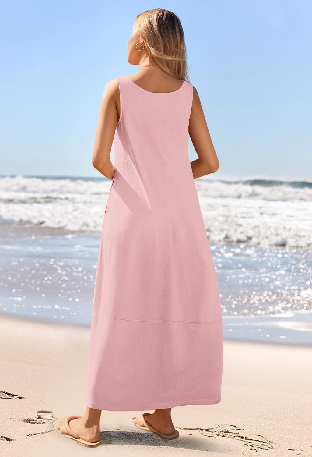 imageMEROKEETY Womens Boho Maxi Sundress 2026 Summer Beach Dress Scoop Neck Sleeveless Loose Tank DressPink