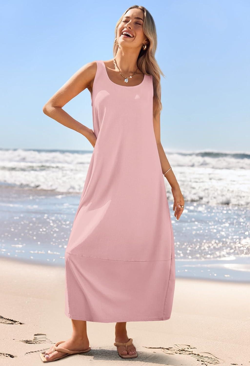 imageMEROKEETY Womens Boho Maxi Sundress 2026 Summer Beach Dress Scoop Neck Sleeveless Loose Tank DressPink
