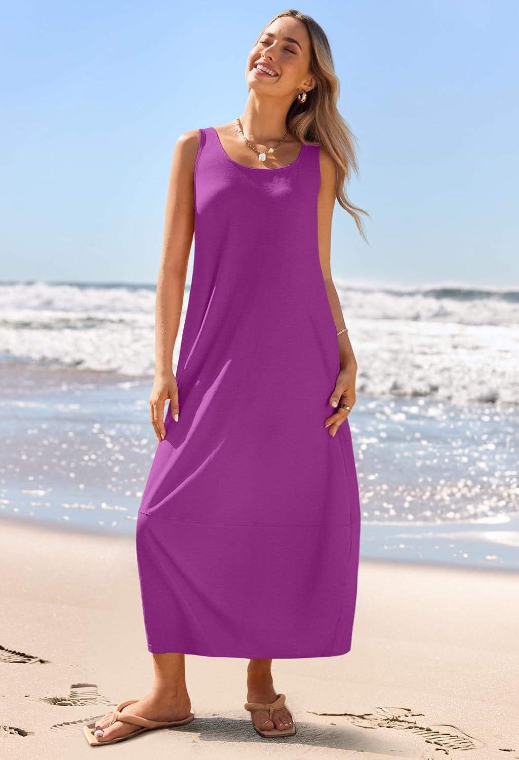 imageMEROKEETY Womens Boho Maxi Sundress 2026 Summer Beach Dress Scoop Neck Sleeveless Loose Tank DressPlum