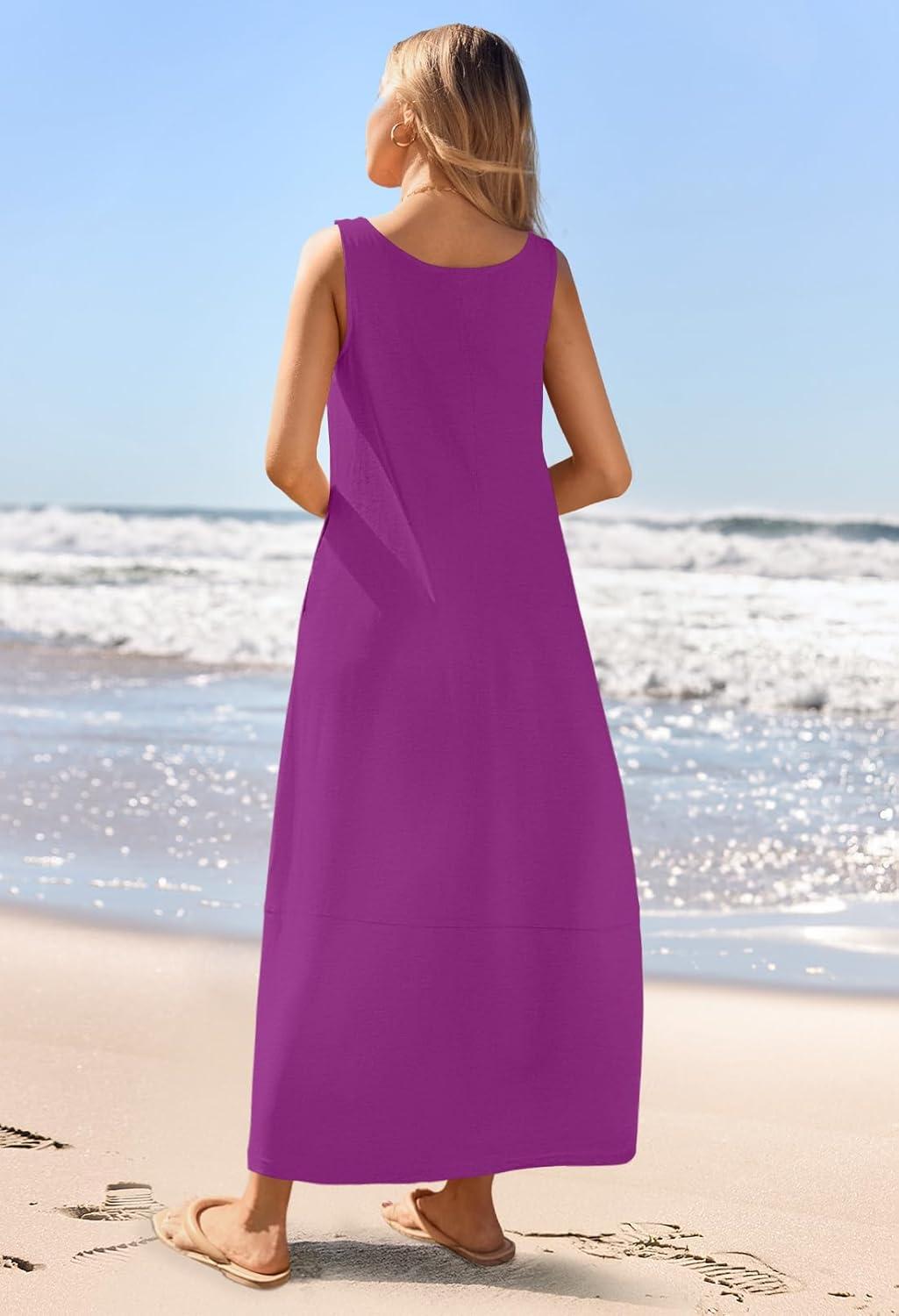 imageMEROKEETY Womens Boho Maxi Sundress 2026 Summer Beach Dress Scoop Neck Sleeveless Loose Tank DressPlum
