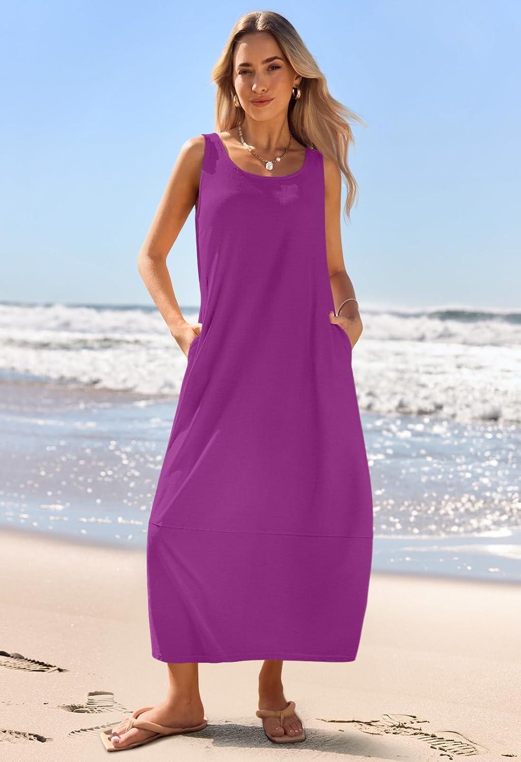 imageMEROKEETY Womens Boho Maxi Sundress 2026 Summer Beach Dress Scoop Neck Sleeveless Loose Tank DressPlum