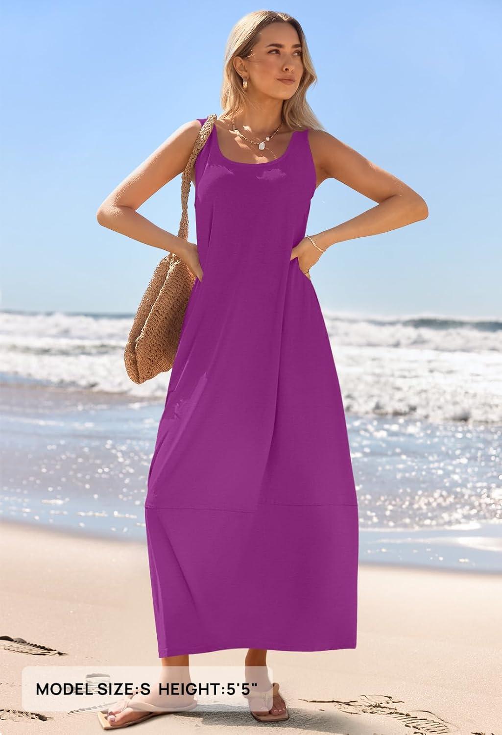 imageMEROKEETY Womens Boho Maxi Sundress 2026 Summer Beach Dress Scoop Neck Sleeveless Loose Tank DressPlum