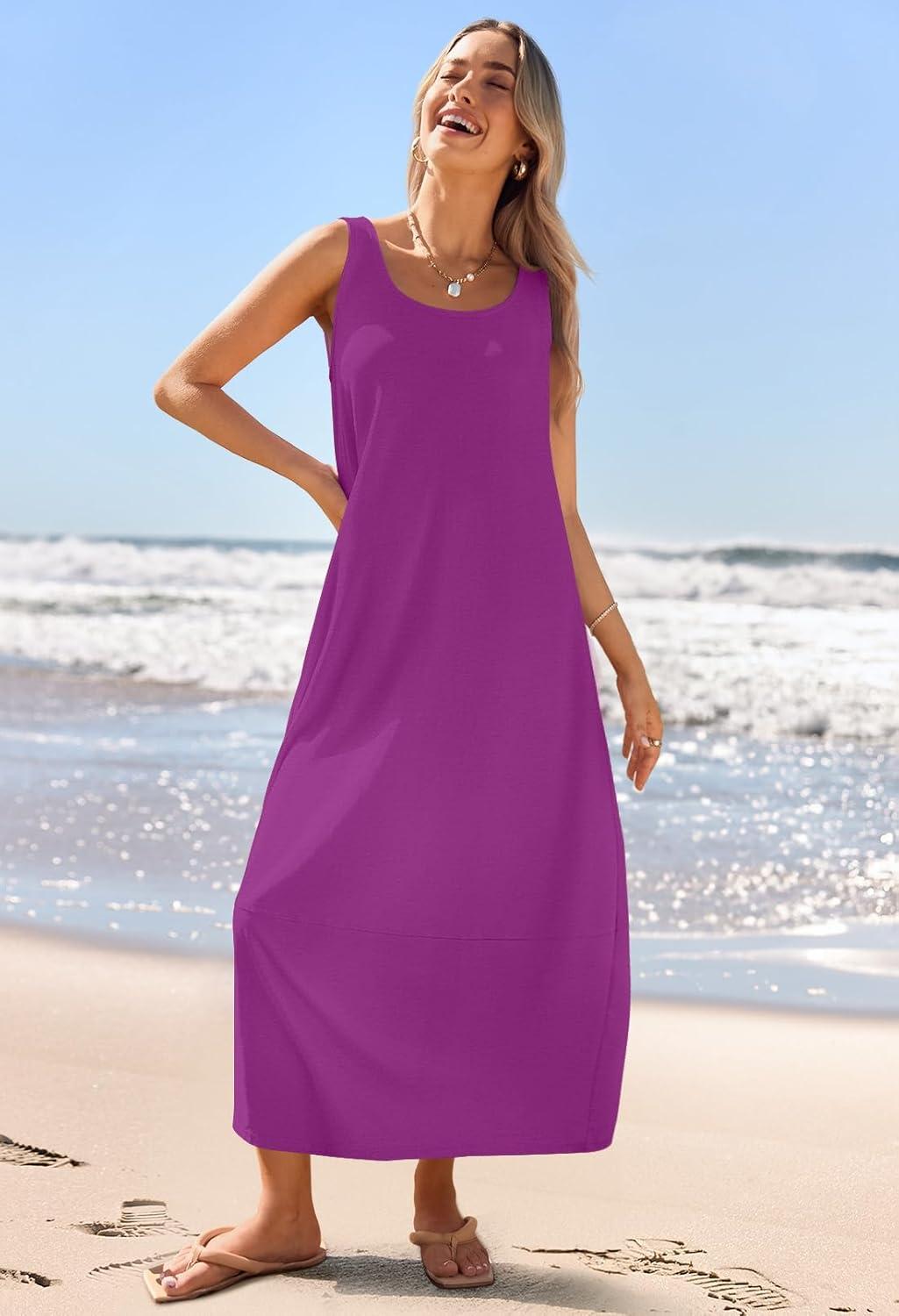 imageMEROKEETY Womens Boho Maxi Sundress 2026 Summer Beach Dress Scoop Neck Sleeveless Loose Tank DressPlum