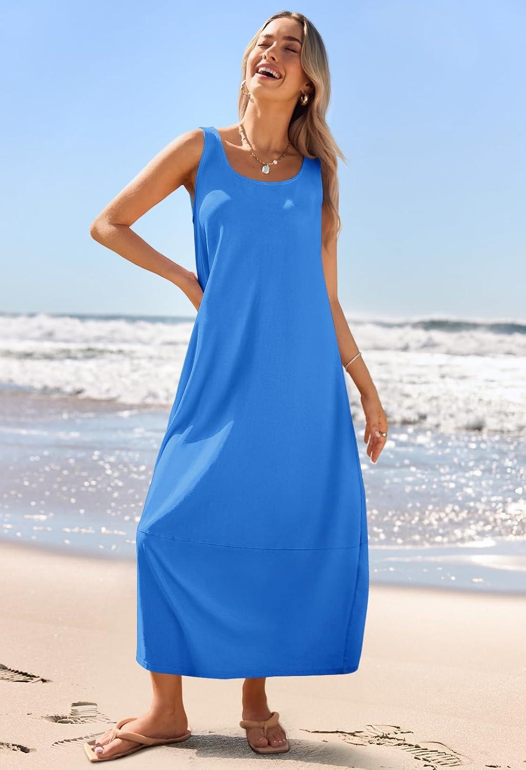 imageMEROKEETY Womens Boho Maxi Sundress 2026 Summer Beach Dress Scoop Neck Sleeveless Loose Tank DressRoyalblue