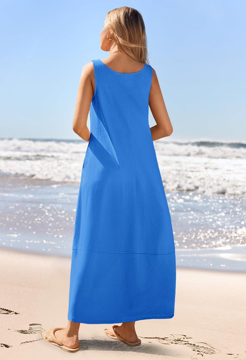 imageMEROKEETY Womens Boho Maxi Sundress 2026 Summer Beach Dress Scoop Neck Sleeveless Loose Tank DressRoyalblue