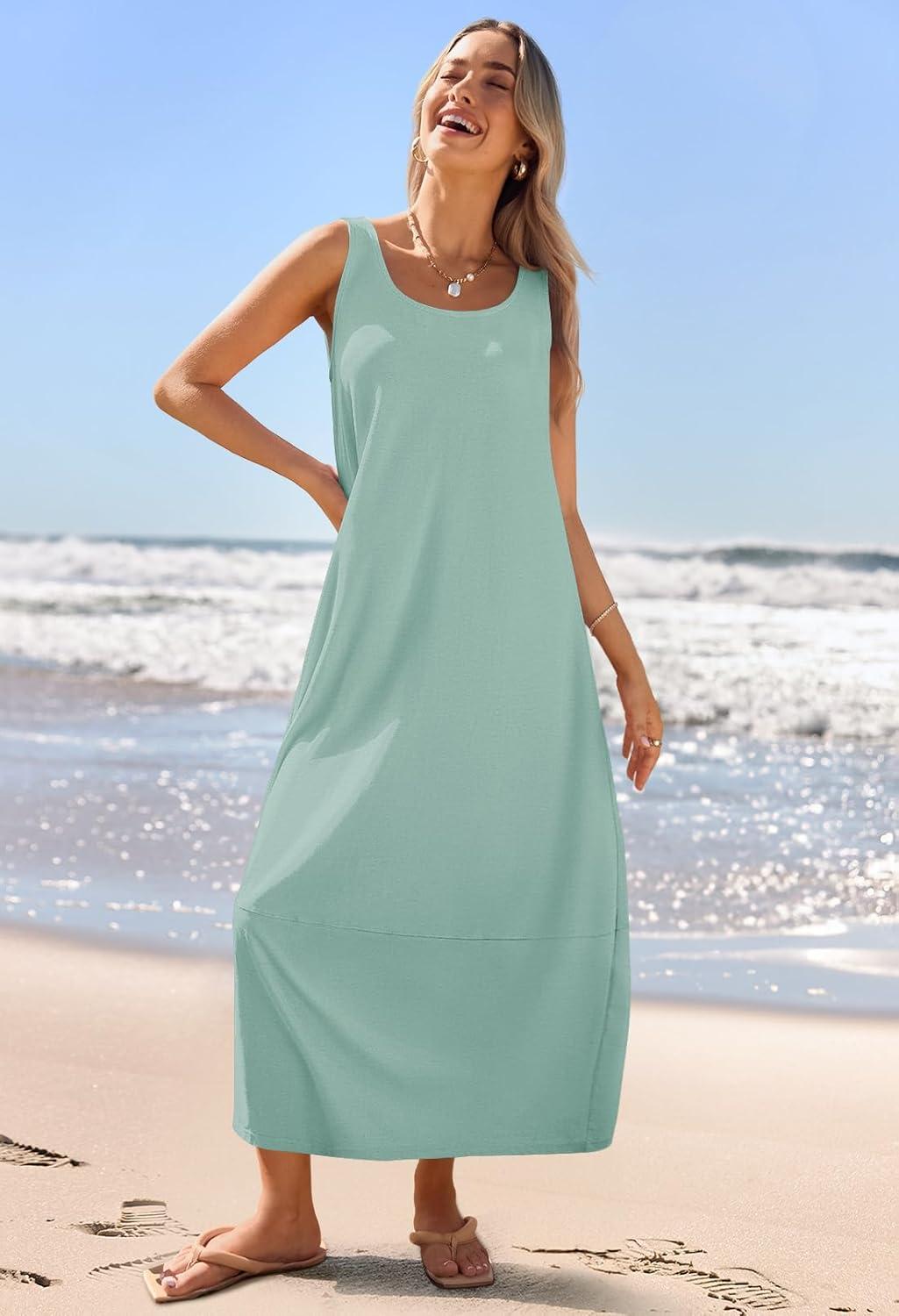 imageMEROKEETY Womens Boho Maxi Sundress 2026 Summer Beach Dress Scoop Neck Sleeveless Loose Tank DressSage