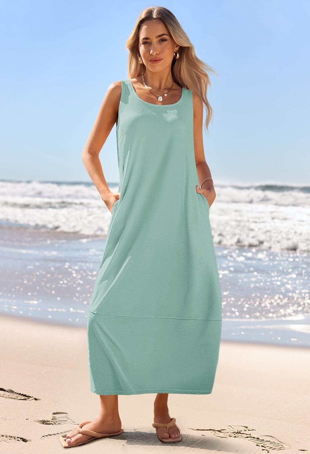 imageMEROKEETY Womens Boho Maxi Sundress 2026 Summer Beach Dress Scoop Neck Sleeveless Loose Tank DressSage