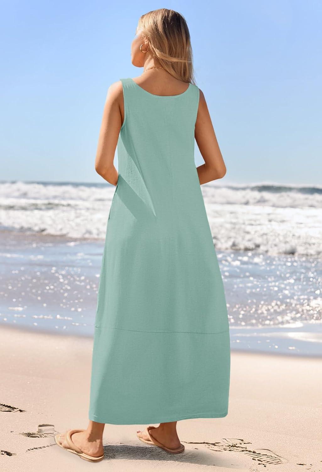 imageMEROKEETY Womens Boho Maxi Sundress 2026 Summer Beach Dress Scoop Neck Sleeveless Loose Tank DressSage