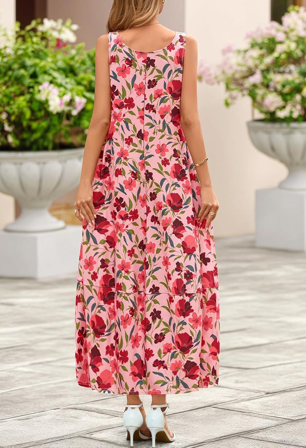 imageMEROKEETY Womens Boho Maxi Sundress 2026 Summer Beach Dress Scoop Neck Sleeveless Loose Tank DressVintagepink