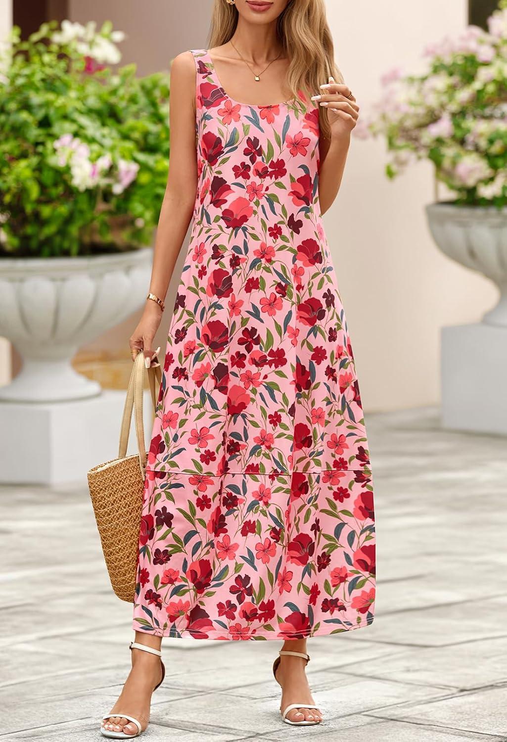 imageMEROKEETY Womens Boho Maxi Sundress 2026 Summer Beach Dress Scoop Neck Sleeveless Loose Tank DressVintagepink