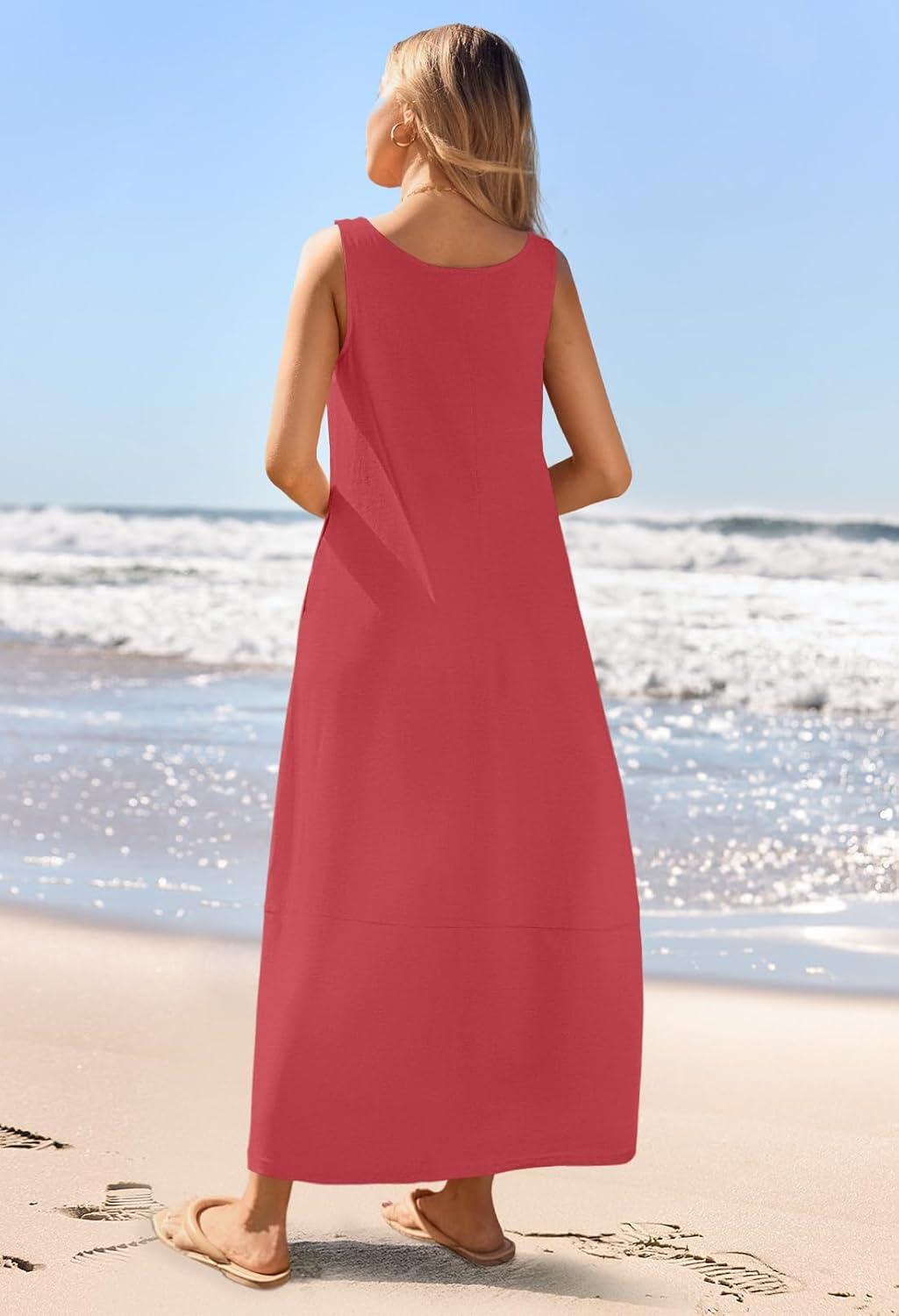 imageMEROKEETY Womens Boho Maxi Sundress 2026 Summer Beach Dress Scoop Neck Sleeveless Loose Tank DressWatermelon