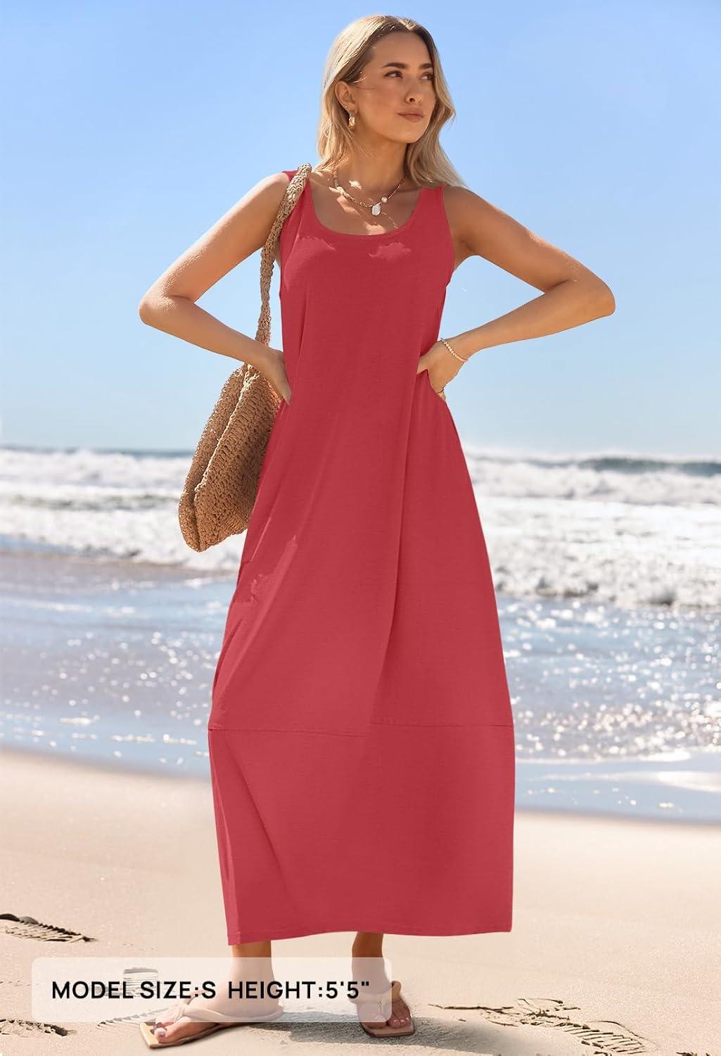 imageMEROKEETY Womens Boho Maxi Sundress 2026 Summer Beach Dress Scoop Neck Sleeveless Loose Tank DressWatermelon