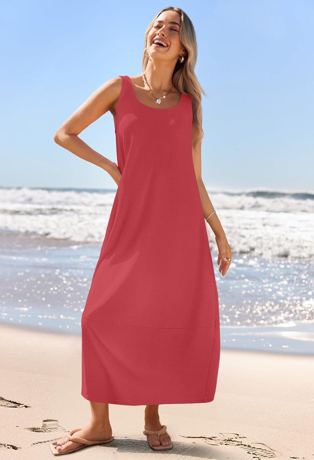 imageMEROKEETY Womens Boho Maxi Sundress 2026 Summer Beach Dress Scoop Neck Sleeveless Loose Tank DressWatermelon