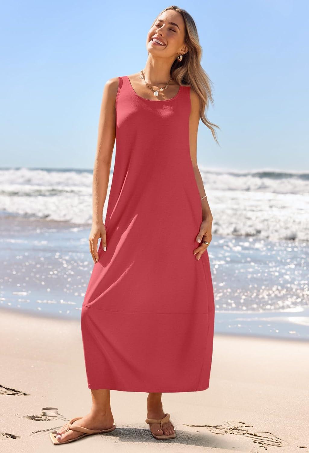 imageMEROKEETY Womens Boho Maxi Sundress 2026 Summer Beach Dress Scoop Neck Sleeveless Loose Tank DressWatermelon