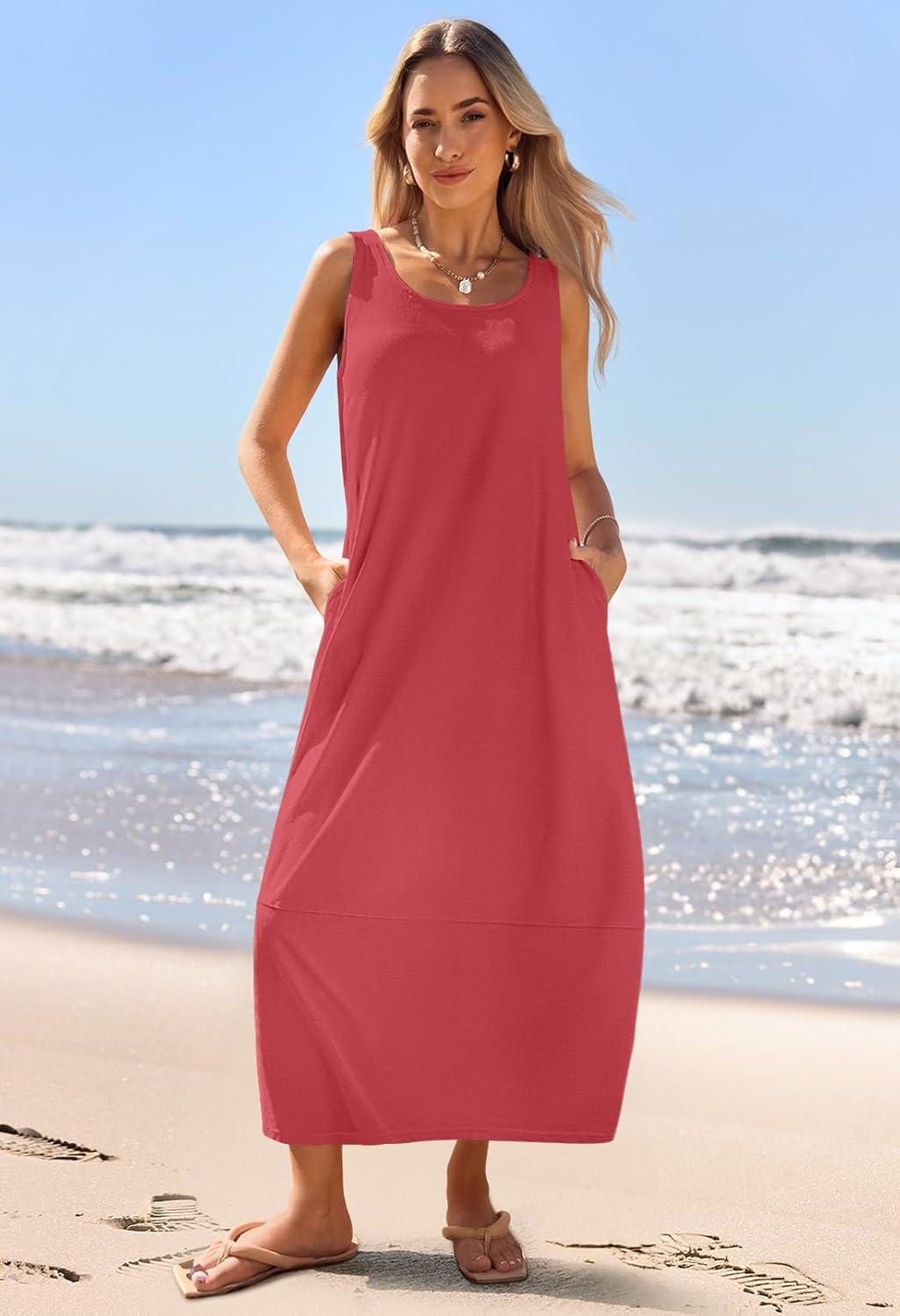 imageMEROKEETY Womens Boho Maxi Sundress 2026 Summer Beach Dress Scoop Neck Sleeveless Loose Tank DressWatermelon