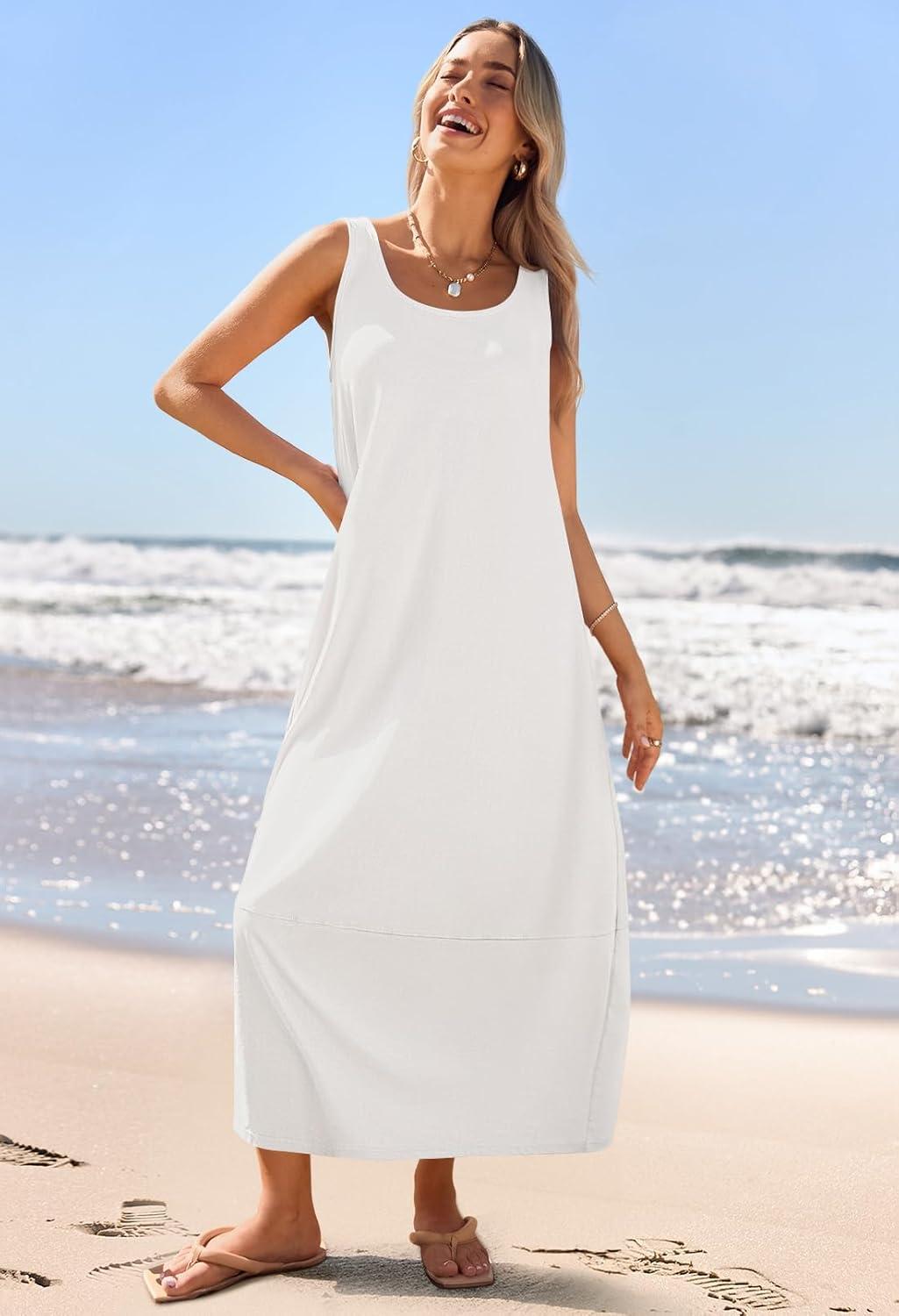 imageMEROKEETY Womens Boho Maxi Sundress 2026 Summer Beach Dress Scoop Neck Sleeveless Loose Tank DressWhite