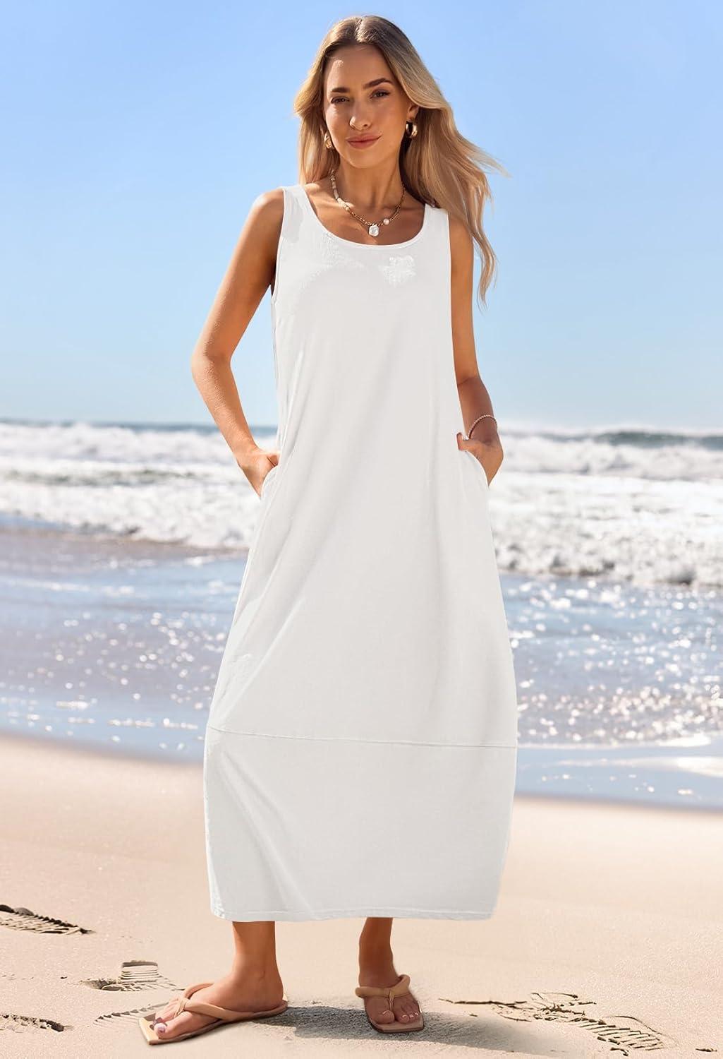 imageMEROKEETY Womens Boho Maxi Sundress 2026 Summer Beach Dress Scoop Neck Sleeveless Loose Tank DressWhite