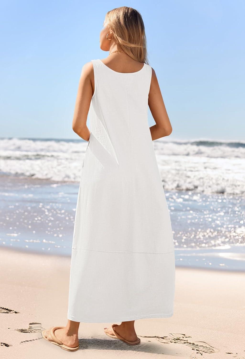 imageMEROKEETY Womens Boho Maxi Sundress 2026 Summer Beach Dress Scoop Neck Sleeveless Loose Tank DressWhite