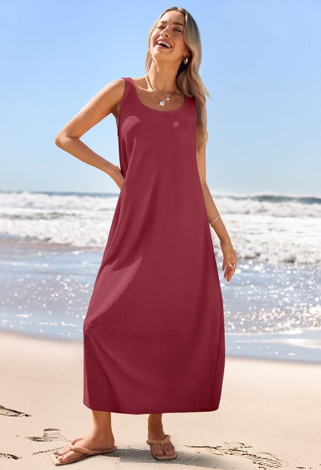 imageMEROKEETY Womens Boho Maxi Sundress 2026 Summer Beach Dress Scoop Neck Sleeveless Loose Tank DressWine