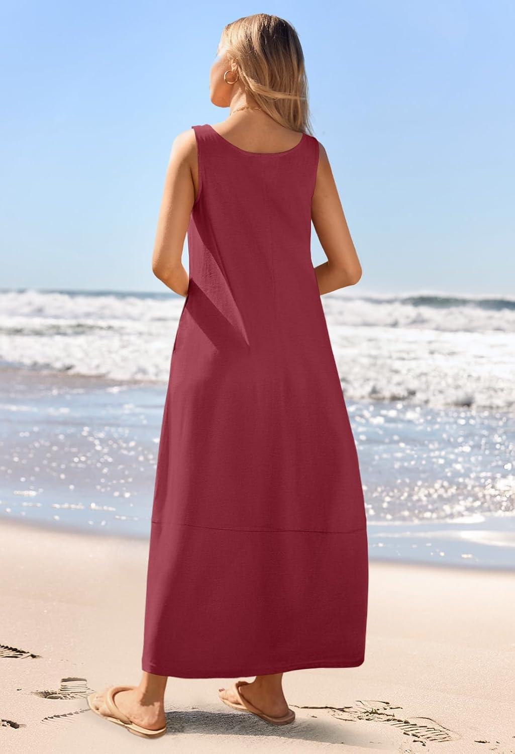 imageMEROKEETY Womens Boho Maxi Sundress 2026 Summer Beach Dress Scoop Neck Sleeveless Loose Tank DressWine