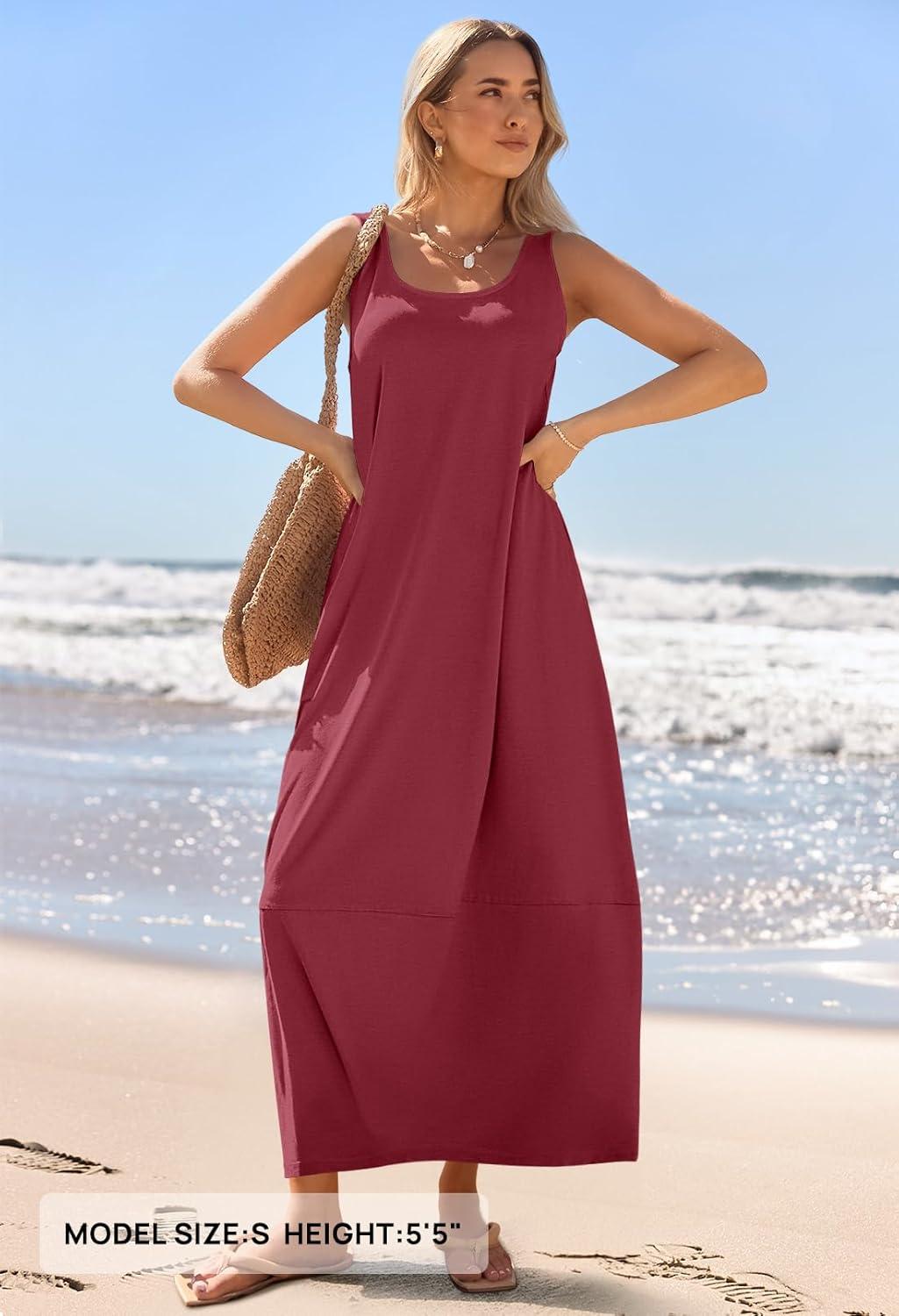 imageMEROKEETY Womens Boho Maxi Sundress 2026 Summer Beach Dress Scoop Neck Sleeveless Loose Tank DressWine
