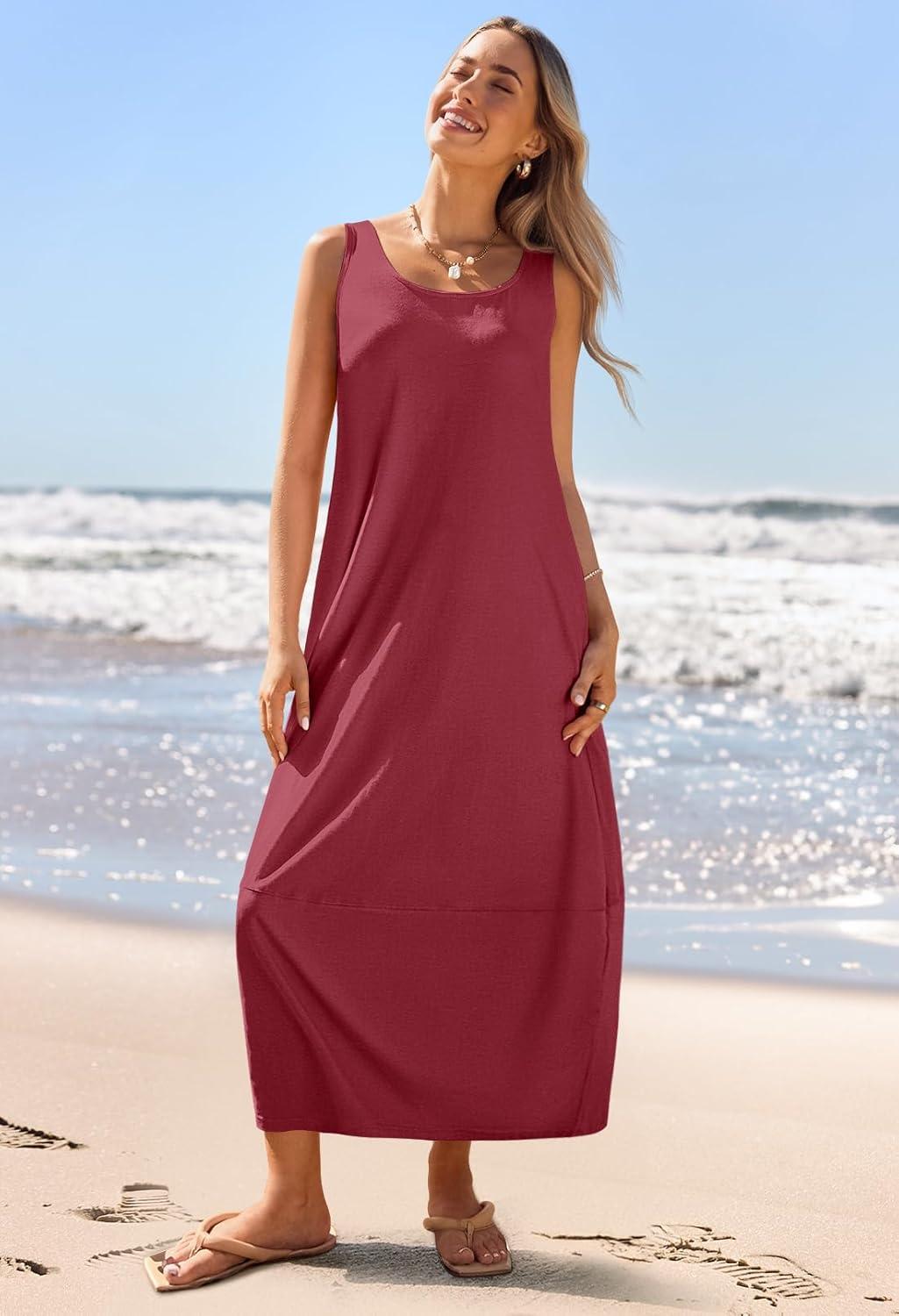 imageMEROKEETY Womens Boho Maxi Sundress 2026 Summer Beach Dress Scoop Neck Sleeveless Loose Tank DressWine