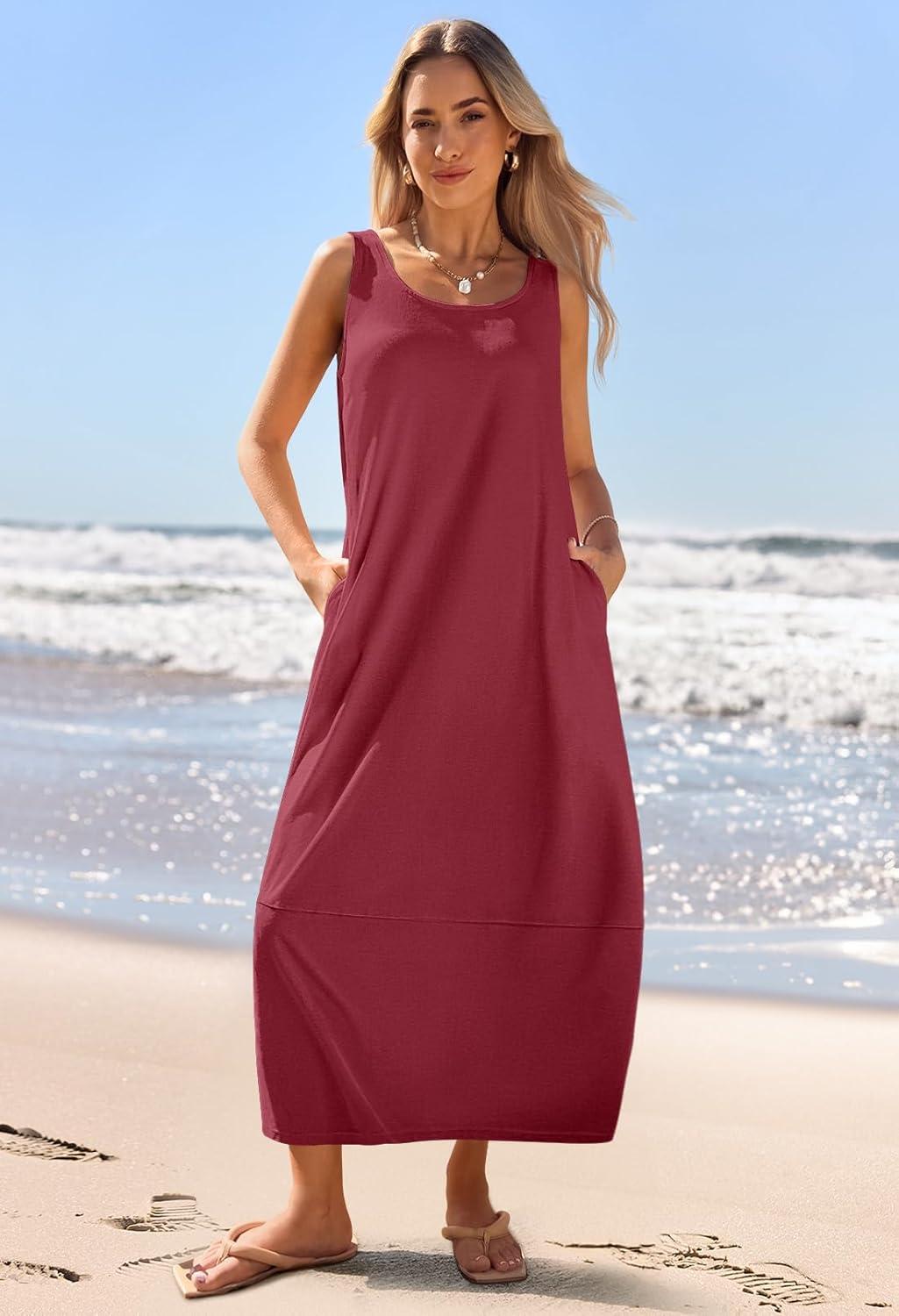 imageMEROKEETY Womens Boho Maxi Sundress 2026 Summer Beach Dress Scoop Neck Sleeveless Loose Tank DressWine